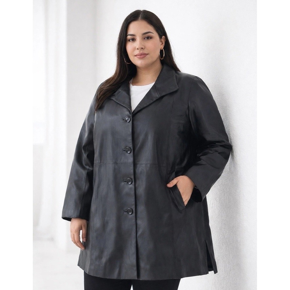 East 5th Black Genuine Leather Jacket Womens 2X Button Front Coat Sleek Clean